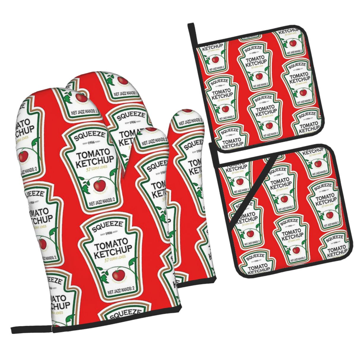 Kitchen.Baking Labels - 面白いケチャップ柄のオーブンミットと鍋つかみ4個セット、ベーキング、キッチン、料理、BBQ用、耐熱性、滑り止めグローブ
