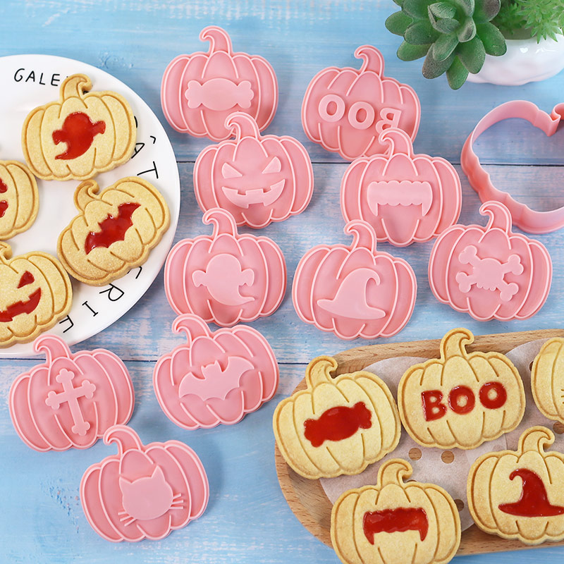 Kitchen Baking Cookies - ハロウィン用ジャム入りクッキーカッターセット10個入り、パンプキン＆バット型ビスケットモールド、ハロウィンのベーキングに最適な不気味なお菓子作りに。