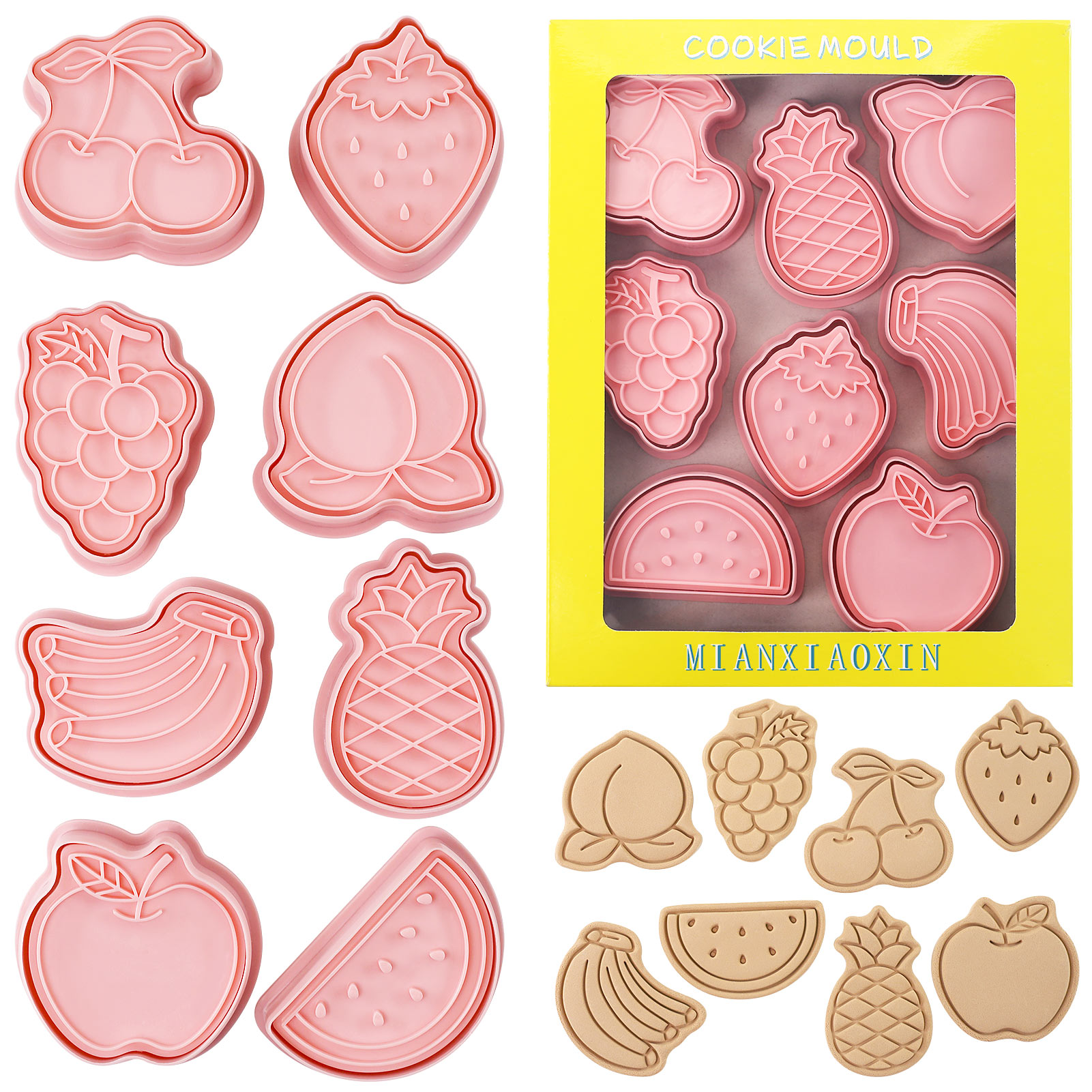 Kitchen Baking Cookies - 8ピース かわいいフルーツクッキーカッター チェリー、ピーチ、バナナ、リンゴの形のクッキー型 漫画の楽しいビスケット型 (8フルーツ)