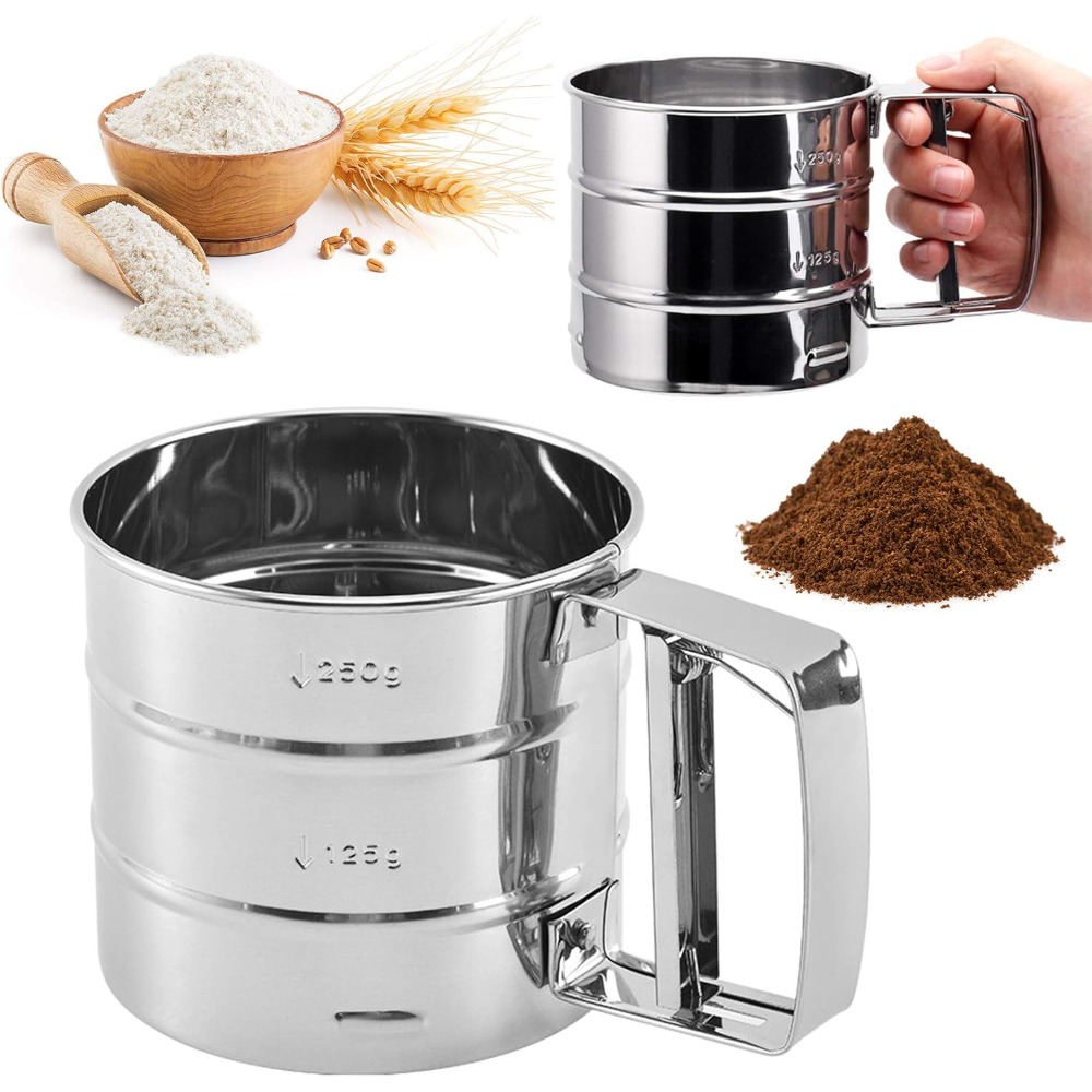 Baking Powder Kitchen - 小麦粉ふるい、コーヒー粉ふるいカップ、ステンレスメッシュ半自動ベーキングふるい、細かいメッシュペストリーふるいカップ、キッチンツール