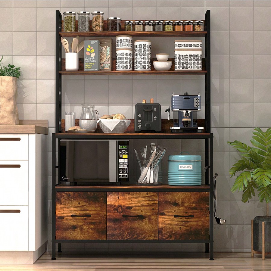 Kitchen Baker - キッチンベーカーズラック（3つのバスケット付き）、5段自立型キッチン収納棚、工業用電子レンジスタンド、フック付きメタルキッチンオーガナイザーラック、コーヒーバーステーション、キッチン家具、ブラウン/ブラック