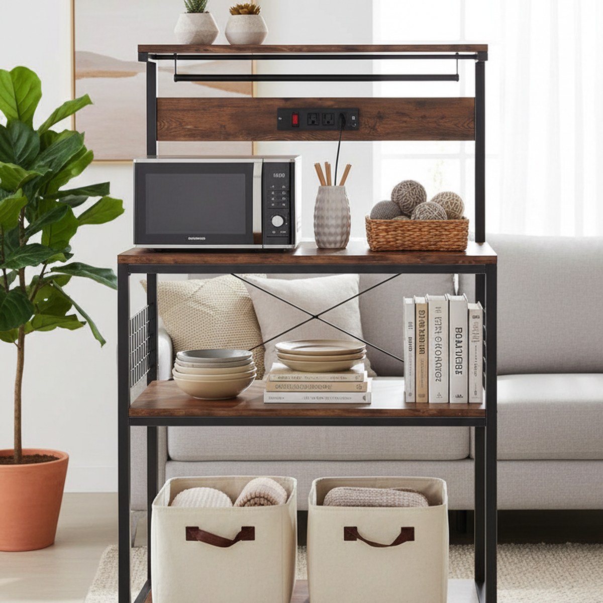 Kitchen Baker - 31.5インチ キッチンベーカーズラック 電源コンセント付き 3段 マイクロ波カート 整理棚