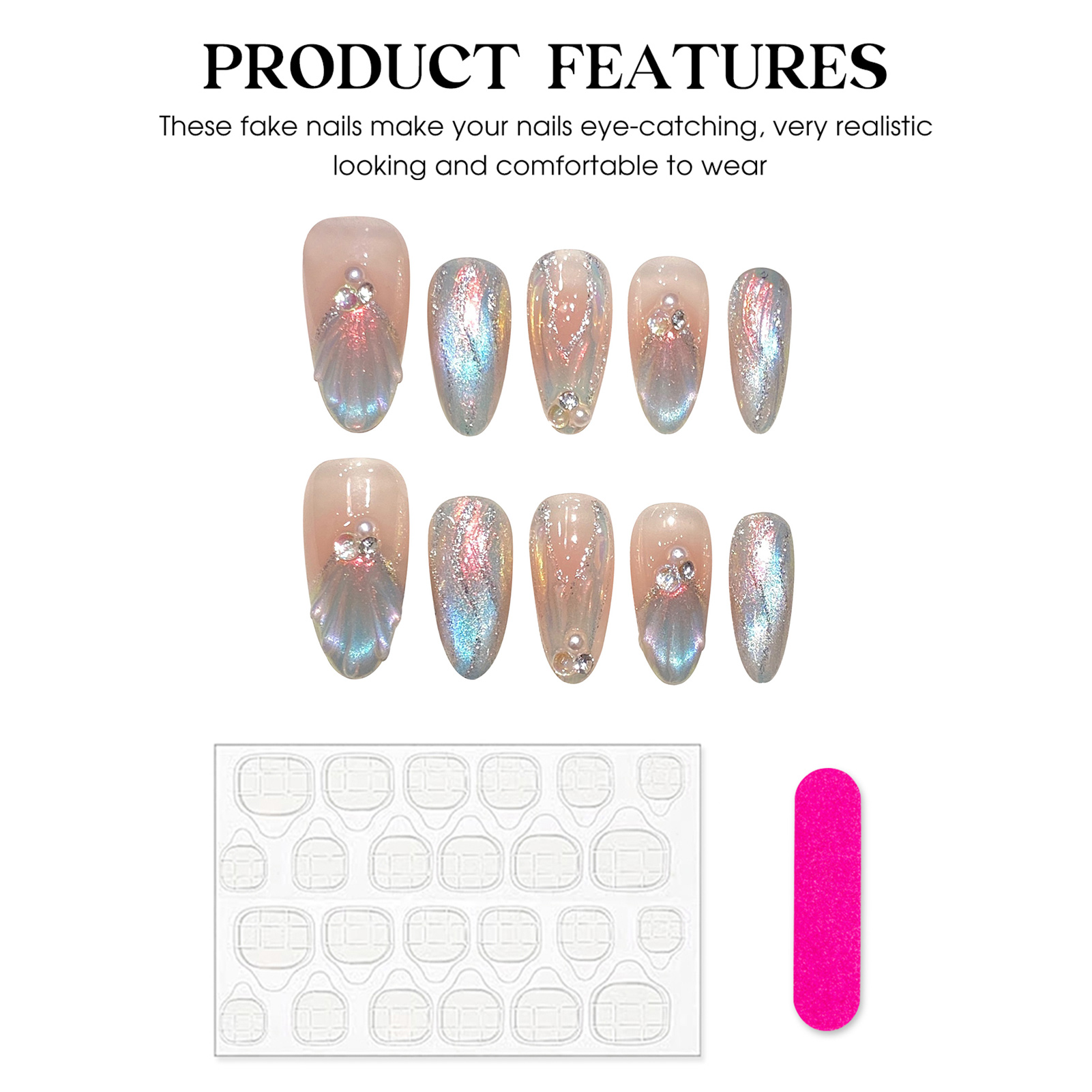 Decorating Tip Set - 女性用プレスオンネイル マーメイドドリーミースタイル 光沢のあるオーバル型つけ爪 パーティーDIYマニキュアデコレーション用 10個セット