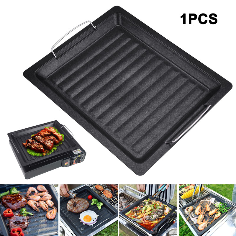 Kitchen Baking Tray Organiser - 屋外用厚い四角グリルパン 2つのハンドル付き ポータブルノンスティックグリルパン ベーキングトレイ 外出用 バーベキュー