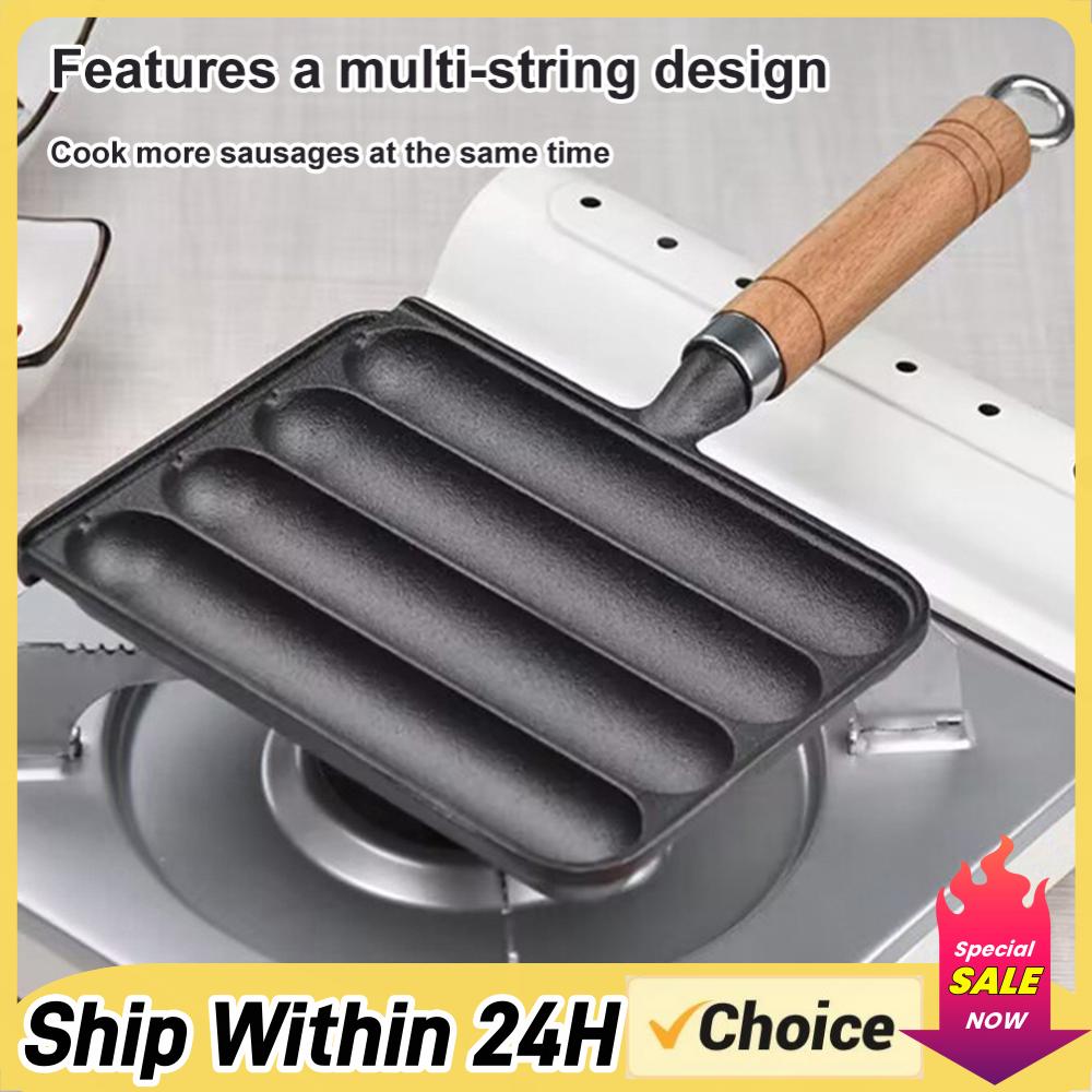 Kitchen Baking Tray Organiser - 鋳鉄製プレシーズン加工鍋 ノンスティックプレシーズン加工グリルソーセージポット 木製ハンドル付き ホットドッグ型パン バーベキューグリルポット