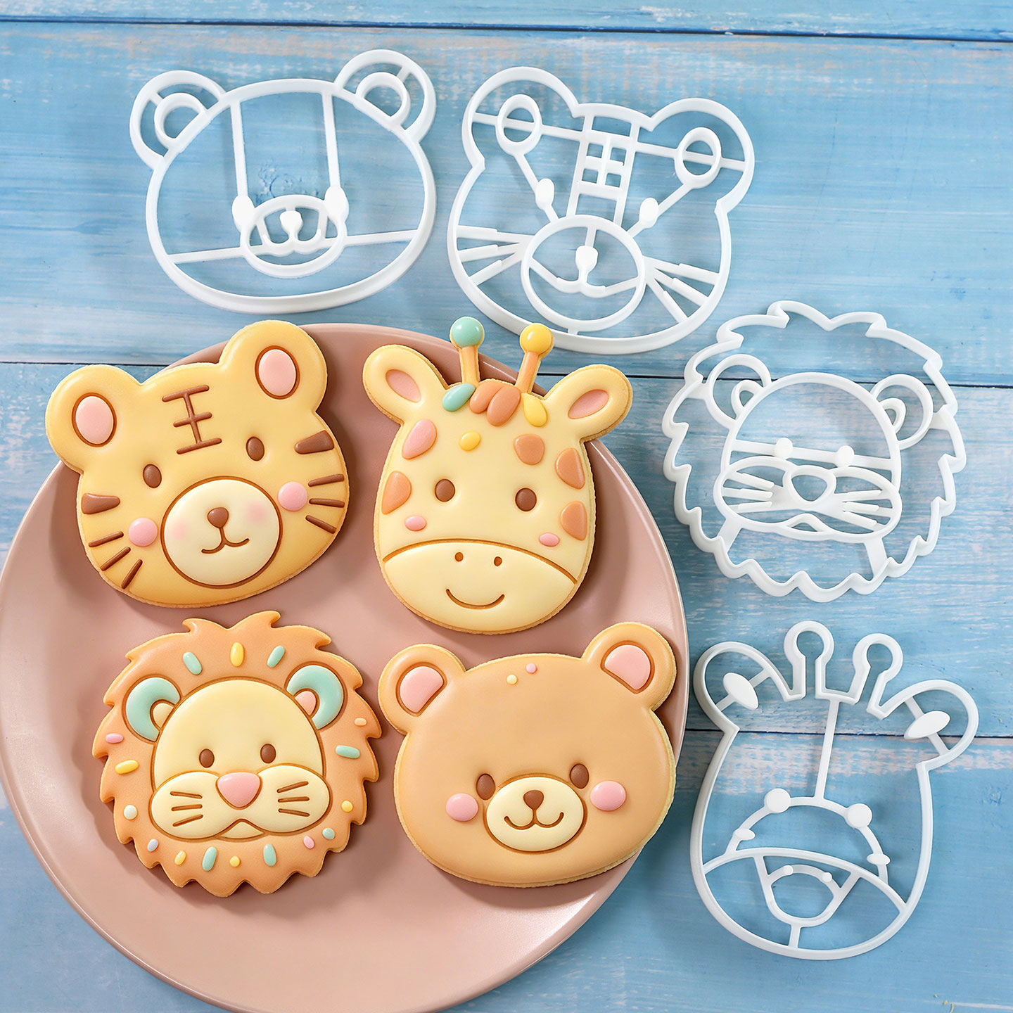 Kitchen Baking Cookies - 4個入り動物型クッキーカッターセット 3Dキュートなライオン、トラ、キリン、クマのベーキングツール 製菓用具 ケーキ、パイ、カップケーキ用 家庭用キッチン用品