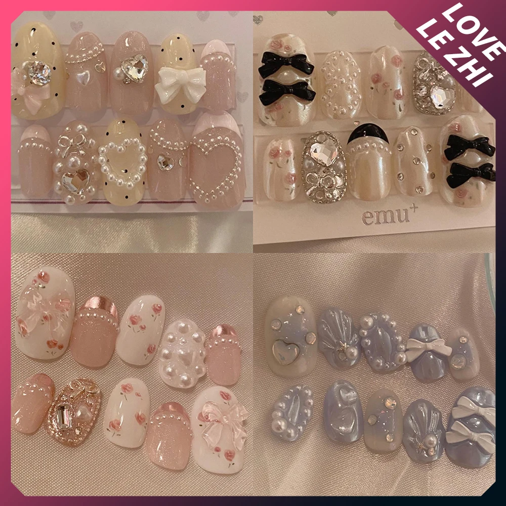 Decorating Tip Set - ラインストーン付きの手作りのプレスネイル,ピンクのバラの真珠,弓で飾られた,短い偽のバレエネイル,着用可能なマニキュアのヒント,かわいい