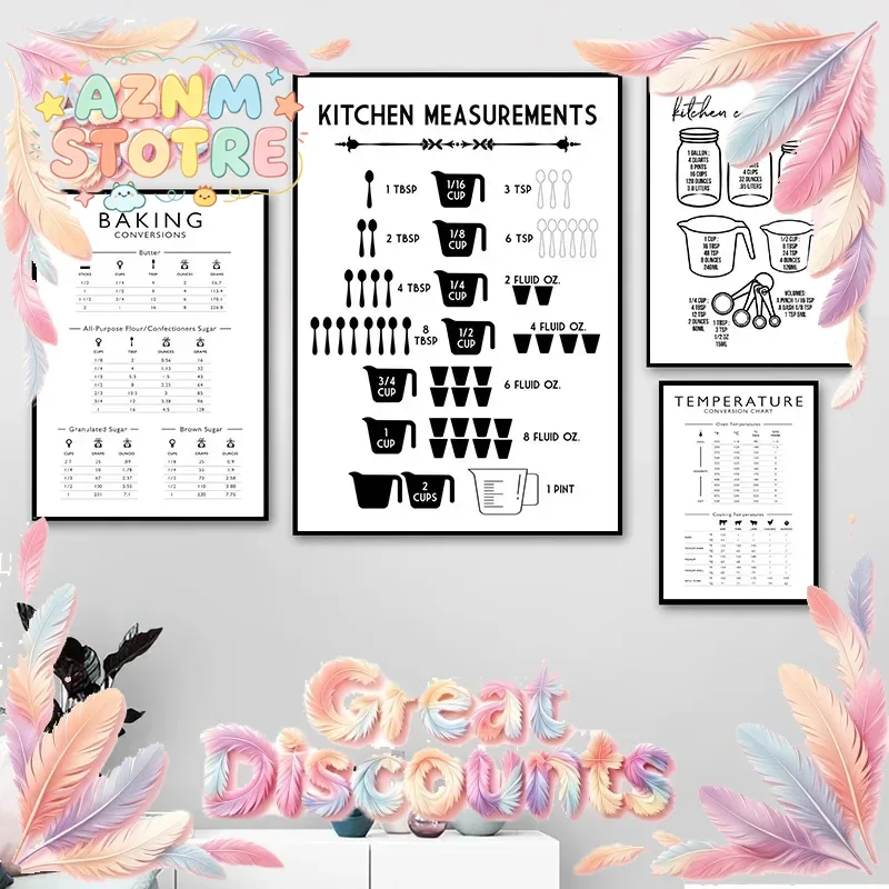 Kitchen Baking Conversion Chart - ミニマリストフードキッチン計測・ベーキング換算表 キャンバス絵画 ポスタープリント ウォールアート ルームデコレーション ギフト