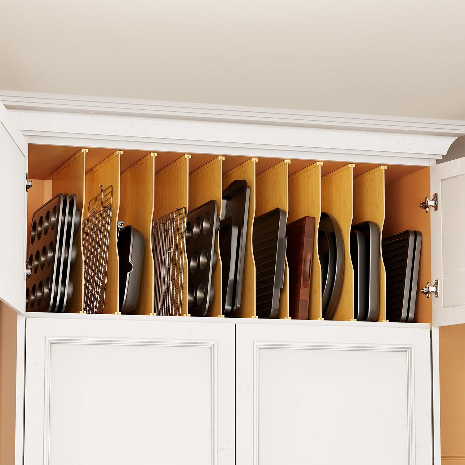 Kitchen Baking Organization - 10個入り竹製トレイ仕切り板（キッチンキャビネット用）、縦型ベーキングシート＆クッキーパンオーガナイザー、キャビネットやパントリー整理用のベーキング用品収納仕切り板
