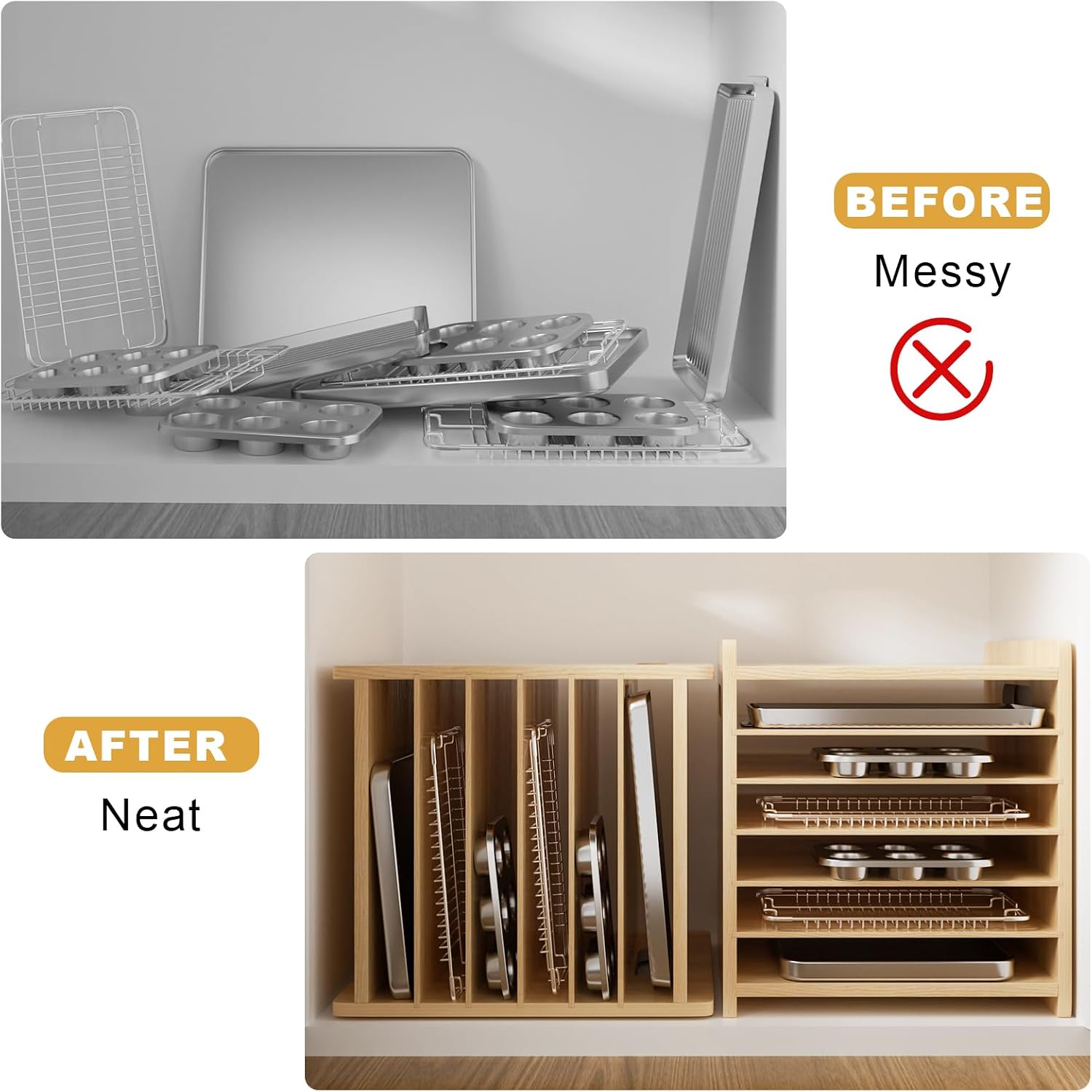 木製ベーキングトレイ仕切りオーガナイザー、縦型クッキーシート - Kitchen Cabinet Baking Sheet Organizer のレビューと価格