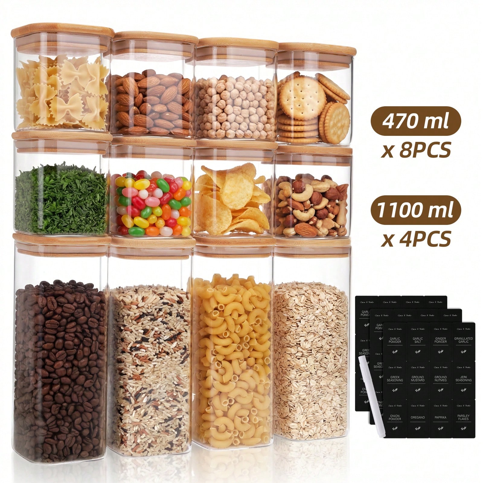 Tomnk 12個入りガラス製食品保存容器（蓋付き）、小麦粉 - Kitchen Baking Organization のレビューと価格